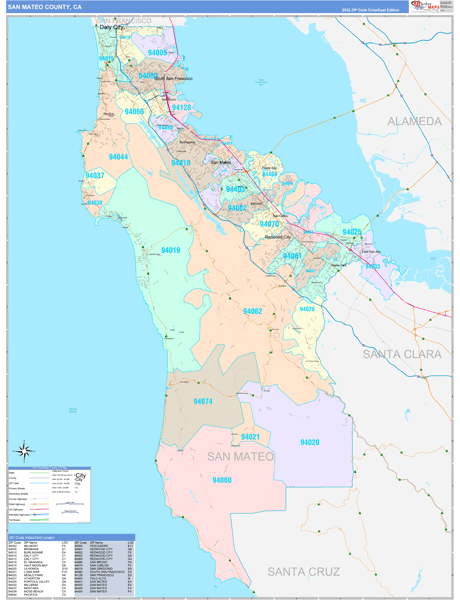 San Mateo County, CA Wall Map Color Cast Style